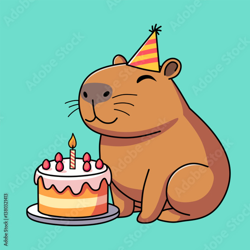 Celebrating Capybara Birthday with Cake and Party Hat Illustration