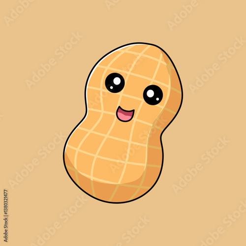 Smiling Peanut Cartoon Character with Big Eyes on Beige Background