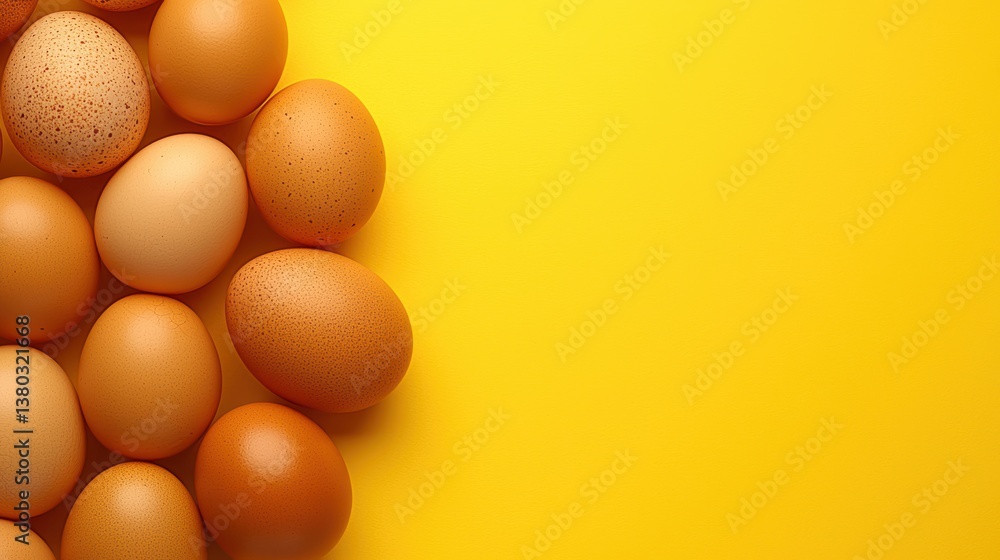 Brown farm eggs arranged naturally on bright yellow background for national egg day Brown farm eggs arranged naturally on bright yellow background for national egg day