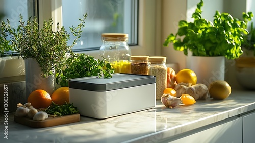 An elegant kitchen countertop scene with a closed eco-friendly lunch box next to fresh ingredients, herbs, and fruits, warm ambient lighting from a nearby window. Scandinavian decor elements,