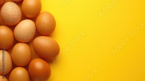 Brown farm eggs arranged naturally on bright yellow background for national egg day