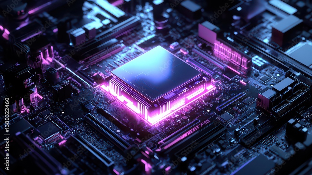 Concept of artificial intelligence in hardware, with a futuristic AI processor glowing on a motherboard. Concept of artificial intelligence in hardware, with a futuristic AI processor glowing on a motherboard.