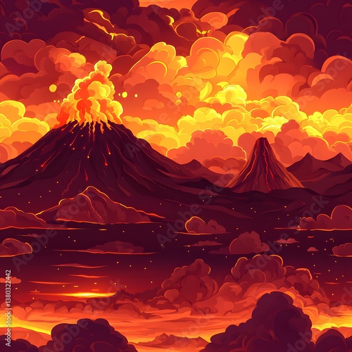 A fiery volcanic eruption seamlessly repeats as a vibrant background pattern showcasing molten lava flows and dramatic orange and red clouds illustrating a powerful natural