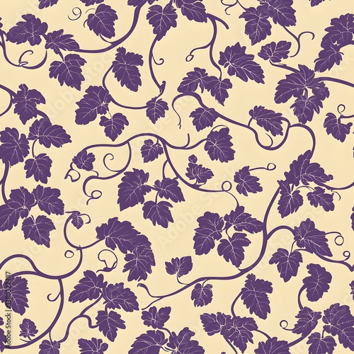 A seamless repeating pattern featu a stylized illustration of purple grapevines and leaves on a pale yellow background ideal for textile design, wallpaper, or packaging