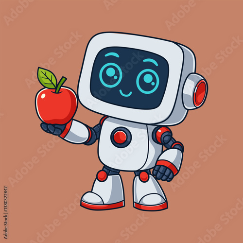 Cartoon Robot Holding Red Apple Illustration for Educational or Technology Projects