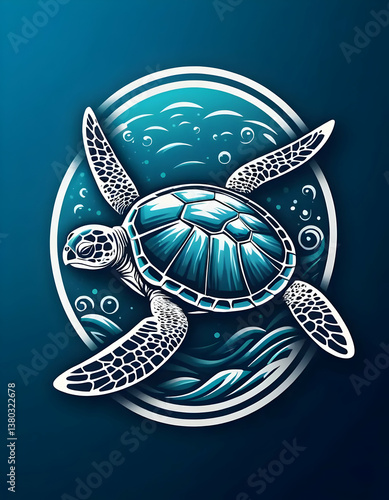 A stylized illustration depicting a swimming sea turtle underwater
