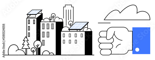 Tall urban buildings topped with solar panels, surrounded by trees and clouds, alongside a hand gesture. Ideal for sustainability, eco-energy, renewable energy, green living, urban design, climate