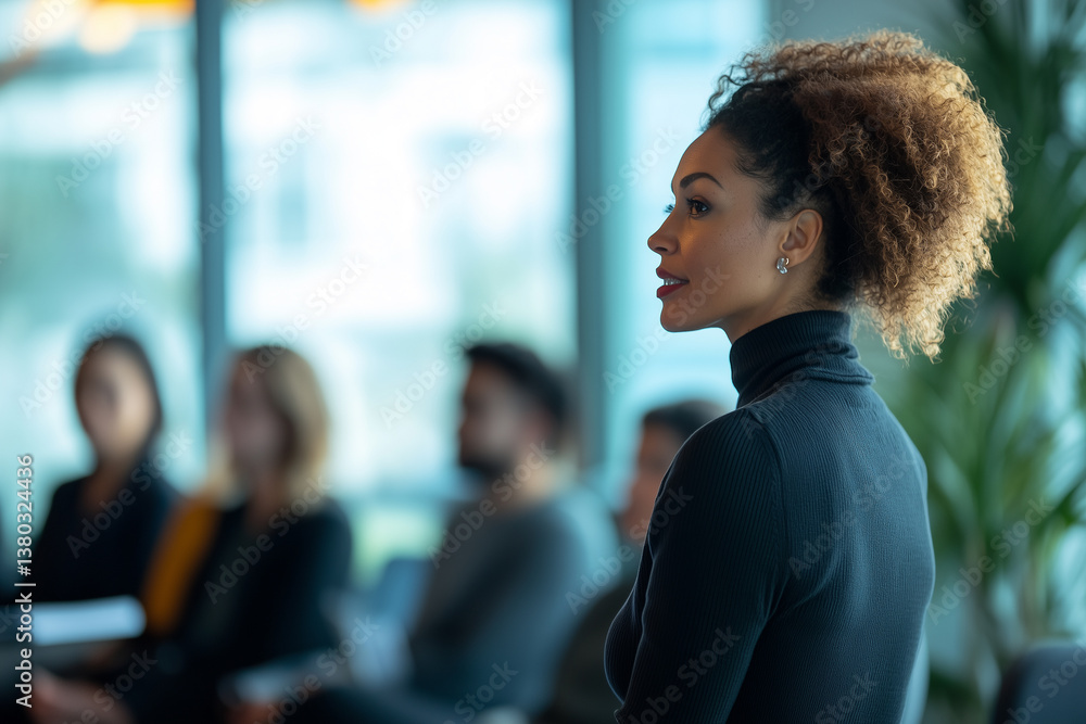 Confident businesswoman presenting ideas during office meeting