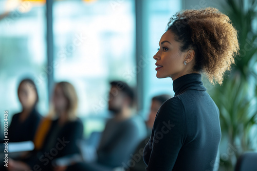 Confident businesswoman presenting ideas during office meeting