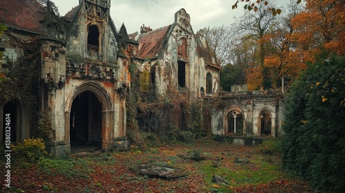 An overgrown and ruined structure of gothic architecture is present