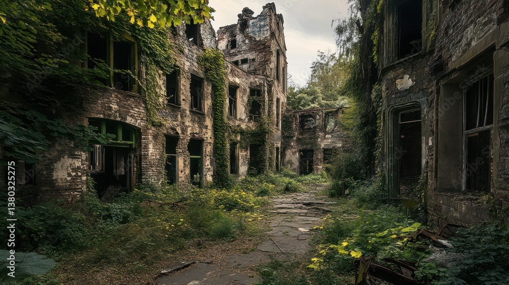 Naklejka premium Old and overgrown abandoned building with broken windows and walls
