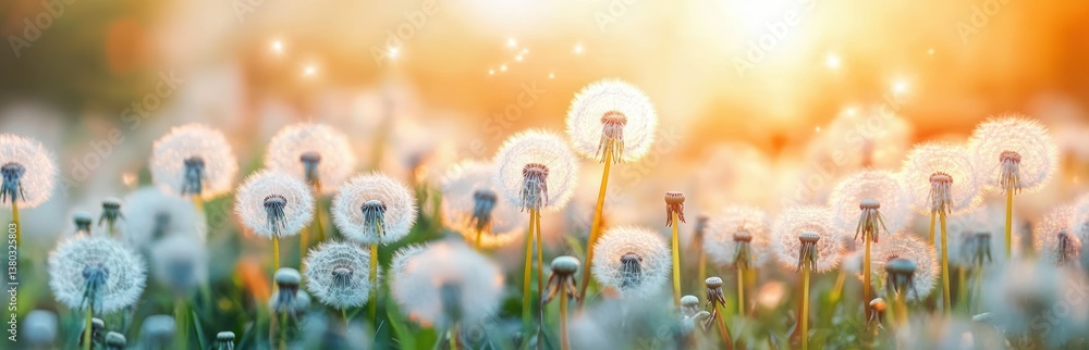 Obraz premium Sunny Meadow Filled with Dandelions Blooming in Soft Focus Macro Photography