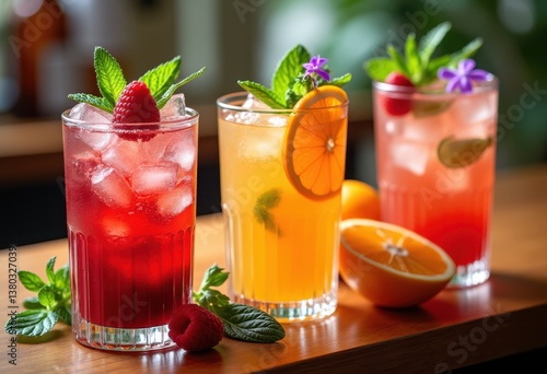 Wallpaper Mural vibrant fruit infused cocktails colorful beverages stylish glassware refreshing drinks garnish mixology, lemon, orange, berry, mint, ice, thyme, juice, herb Torontodigital.ca