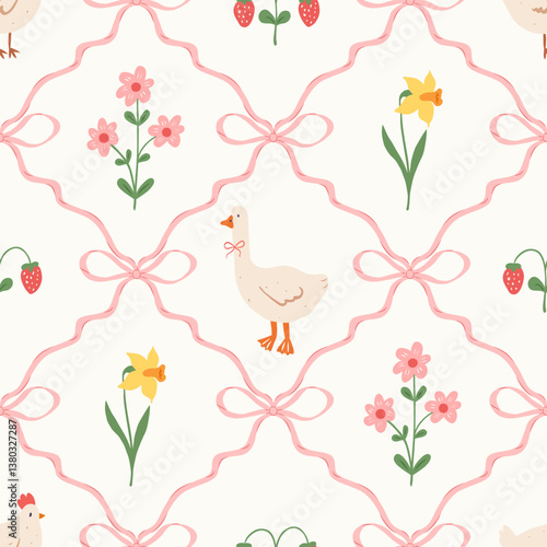 Floral trellis coquette seamless pattern with bows, flowers, goose and chicken. Preppy spring summer print. Cottagecore aesthetic. Cute background. Vector design for fabric, wrapping paper.