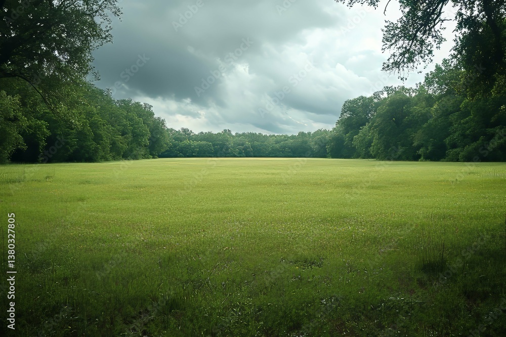 Obraz premium Vast Green Meadow Under a Cloudy Sky