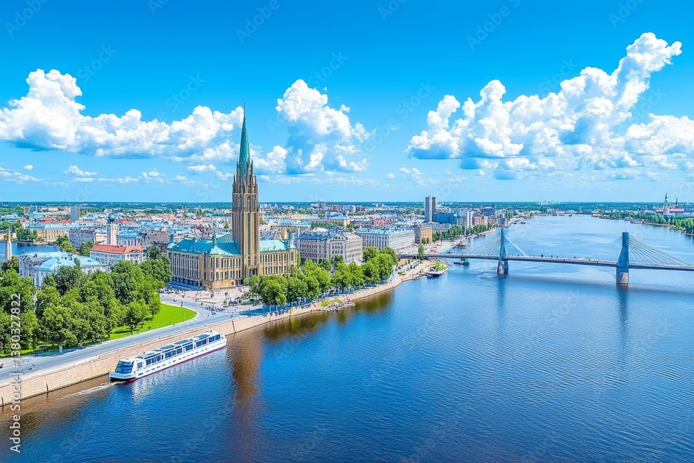 Fototapeta premium A futuristic Riga skyline, where historic buildings blend with sleek skyscrapers and floating transportation