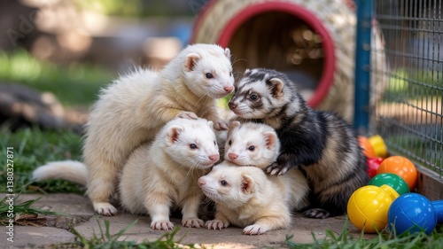 Playful Ferrets Piling Together Amidst Colorful Toys Outdoors