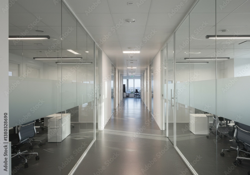 Obraz premium Modern Office Corridor with Glass Walls and Natural Lighting
