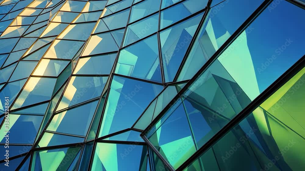 Abstract geometric glass windows reflecting sunlight on the facade of a modern building. Abstract geometric glass windows reflecting sunlight on the facade of a modern building.