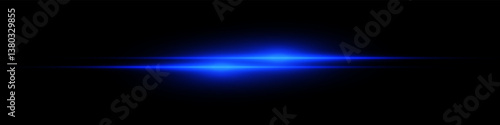 Bright horizontal beam of light on black background. Glowing laser effect creating futuristic and sci-fi aesthetics. Suitable for technology, energy, speed and digital design themes.