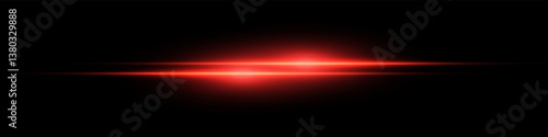 Bright horizontal beam of light on black background. Glowing laser effect creating futuristic and sci-fi aesthetics. Suitable for technology, energy, speed and digital design themes.