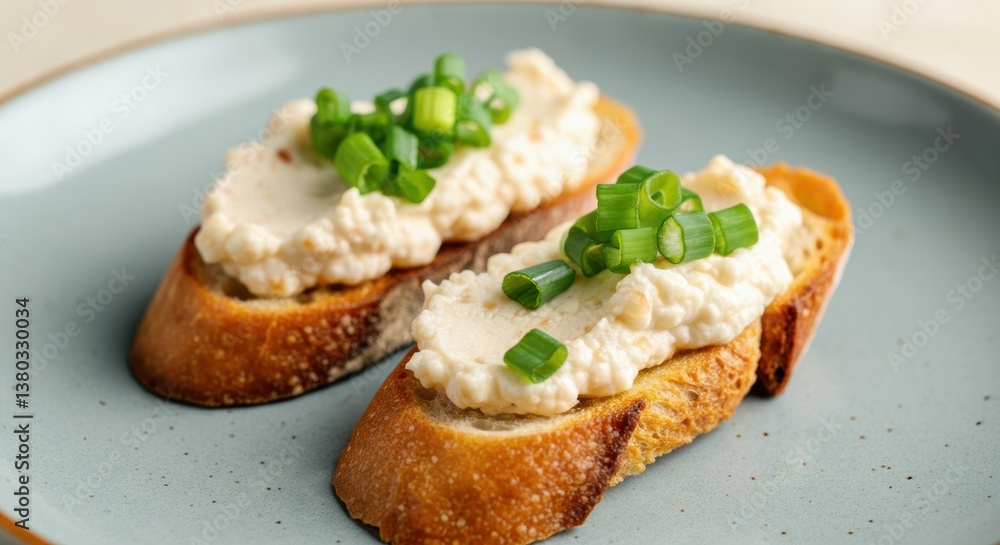 Creamy ricotta and green onion bruschetta on crusty bread Creamy ricotta and green onion bruschetta on crusty bread