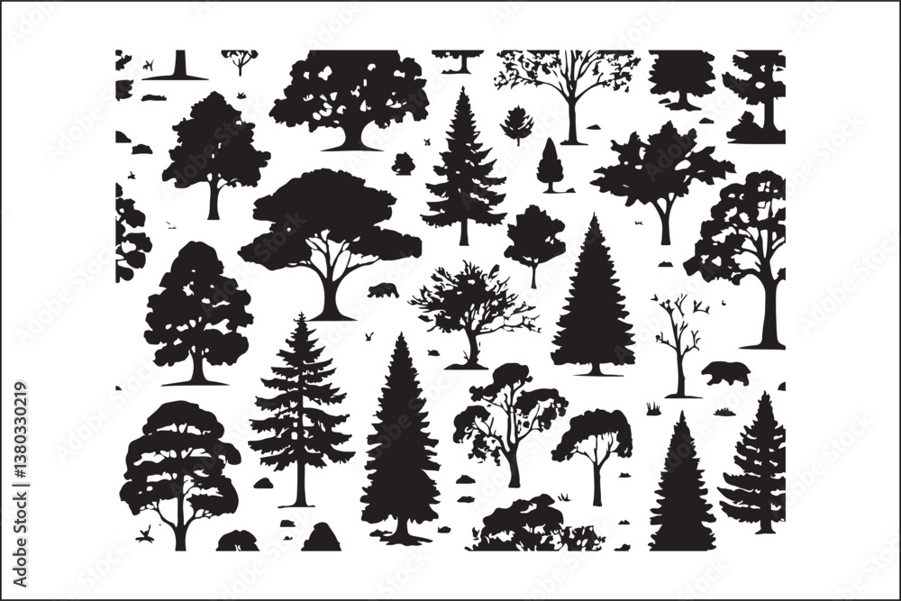 Fototapeta premium Tree Vector Silhouette – Nature and Forest Design ClipartMinimalist Tree Illustration – Black Silhouette Vector ArtBotanical Tree Silhouette – Elegant Nature Vector DesignWoodland Tree Vector – 