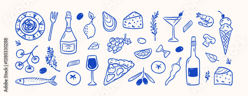 Hand drawn italian food set. Mediterranean lunch and dinner doodle icons. Pasta, olive, pizza, cheese, tomato, lemon, wine. Dolce vita aesthetics. Perfect for print, design menu, sticker.