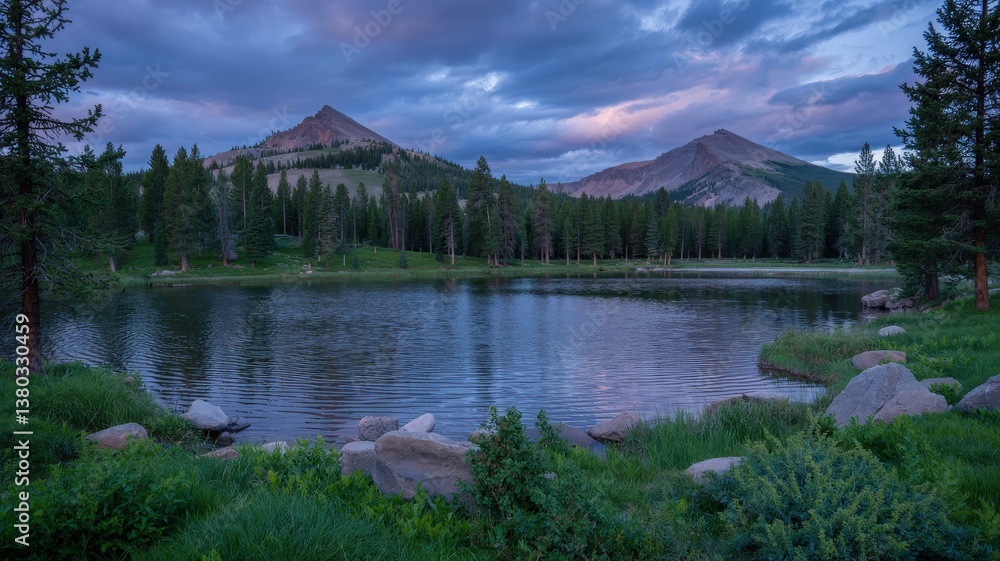 Fototapeta premium Serene Mountain Landscape Reflected in Calm Lake at Dusk