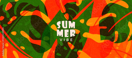 Summer tropic pattern background. Tropical jungle leaves banner design with retro modern texture. Exotic nature concept in creative style. Orange and green monstera leaves vector illustration