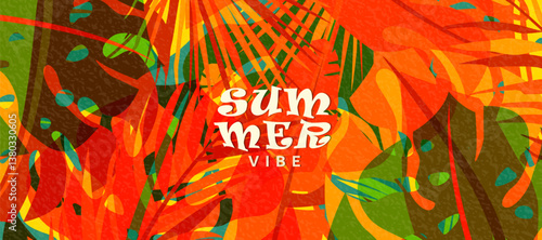 Summer tropic pattern background. Tropical jungle leaves banner design with retro modern texture. Exotic nature concept in creative style. Palm tree, monstera, banana vector illustration