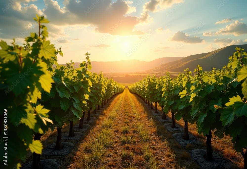 Naklejka premium vibrant vineyard rows golden hour sunlight rural landscape grapevine harvest nature serenity, wine, field, sunset, shade, farm, plant, fruit, verdant