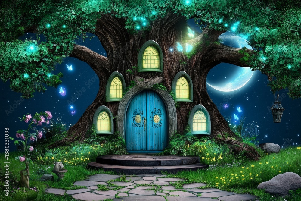 Obraz premium A giant tree with doors and windows, glowing softly from within, home to an ancient magical being