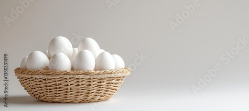 Woven wicker basket holding pristine white eggs on clean white background