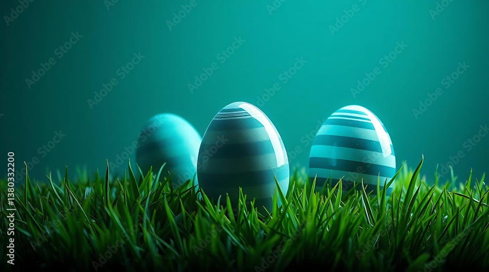 Fototapeta premium A collection of 3 painted easter eggs celebrating a Happy Easter with green grass and blurred green grass foreground and isolated against a transparent background template