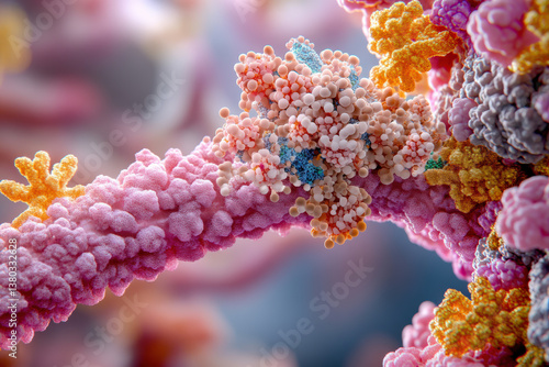 A molecular landscape showcasing interactions between protein domains and cellular motifs, scientifically accurate scale and bonding geometry