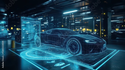 Futuristic smart parking system in virtual reality with holographic car guidance and digital overlays.