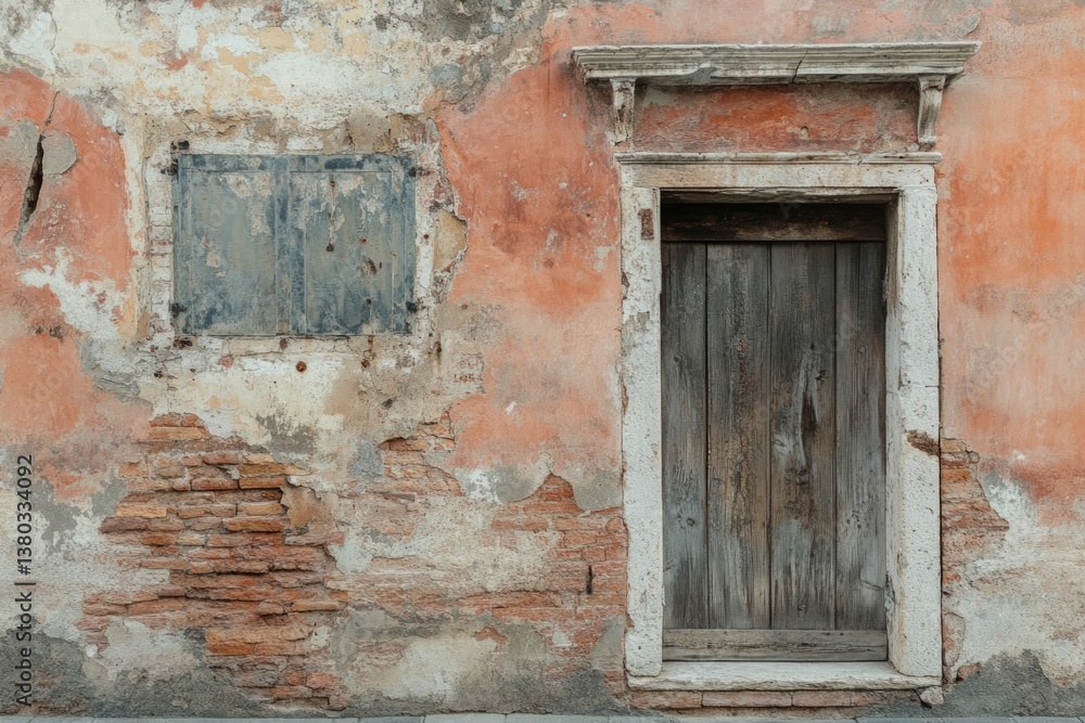 Weathered wooden door on rustic wall with exposed bricks. Neural network AI generated Weathered wooden door on rustic wall with exposed bricks. Neural network AI generated