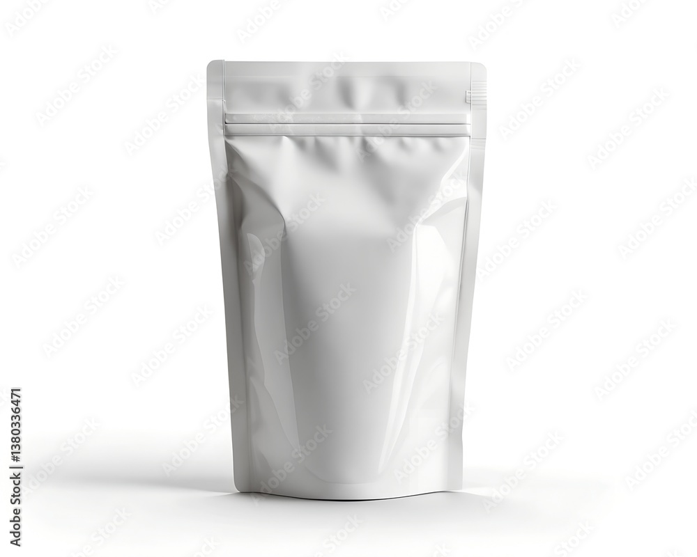 Beautiful luxury white recycled plastic, resealable doy pack, pouch bag, mockup packaging, design template for coffee or cosmetic product, front view, on white background Beautiful luxury white recycled plastic, resealable doy pack, pouch bag, mockup packaging, design template for coffee or cosmetic product, front view, on white background