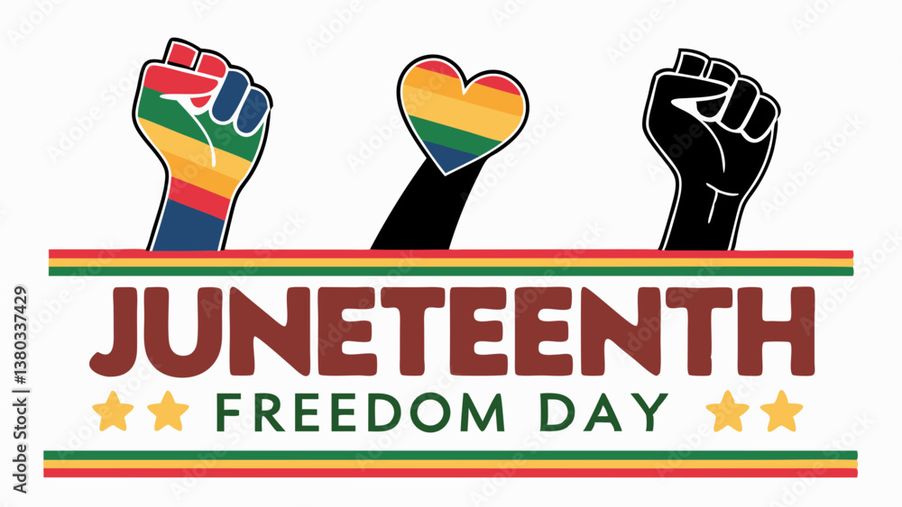 Naklejka premium Juneteenth Freedom Day Celebration Graphic with Rainbow Heart and Raised Fists.