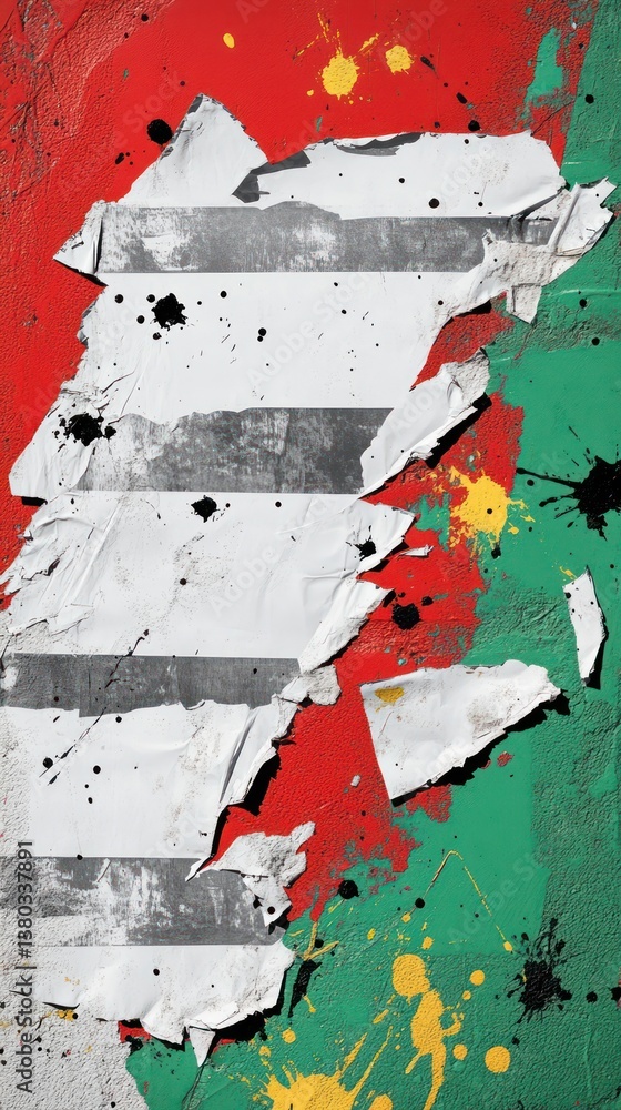 Fototapeta premium A stylish background with torn white and gray posters layered over a vibrant red and green wall, with scattered black and yellow paint splashes