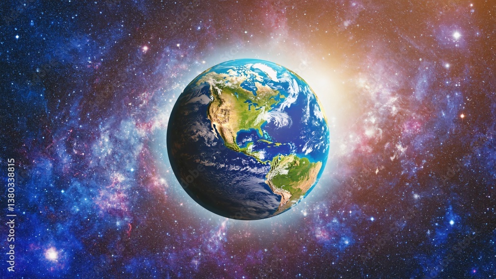 Naklejka premium Planet Earth in colorful nebula with glowing cosmic background