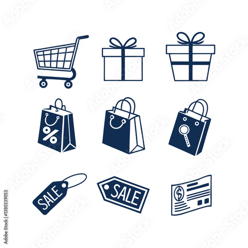 Set of icons related to shopping, e-commerce, gifts, supermarket, sale. Collection of solid icons.