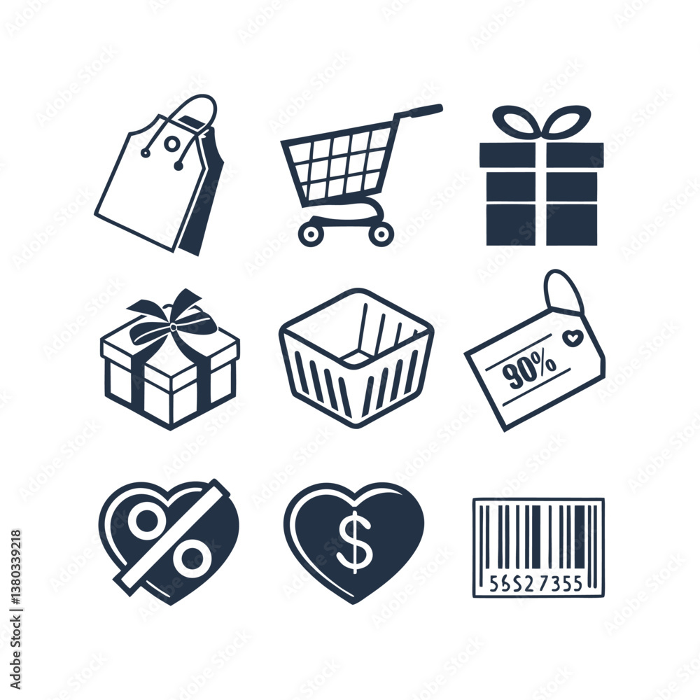 Set of icons related to shopping, e-commerce, gifts, supermarket, sale. Collection of solid icons. Set of icons related to shopping, e-commerce, gifts, supermarket, sale. Collection of solid icons.