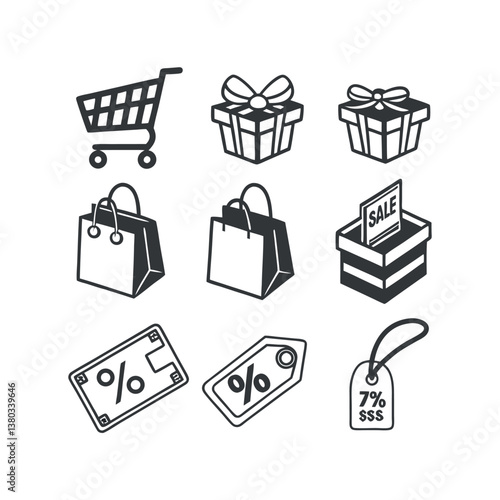 Set of icons related to shopping, e-commerce, gifts, supermarket, sale. Collection of solid icons.