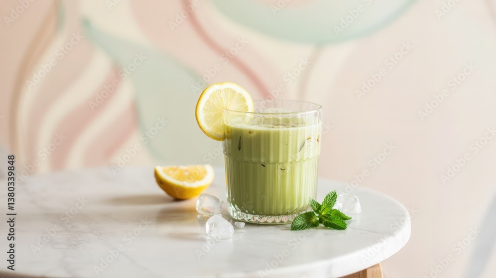 Refreshing Green Beverage with Lemon and Mint on Marble Table Refreshing Green Beverage with Lemon and Mint on Marble Table