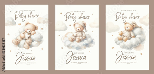 Set of Watercolor New born baby shower invitation. Greeting card with sleeping teddy bear on cloud around the stars.