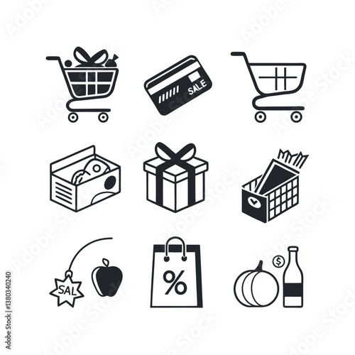 Set of icons related to shopping, e-commerce, gifts, supermarket, sale. Collection of solid icons.
