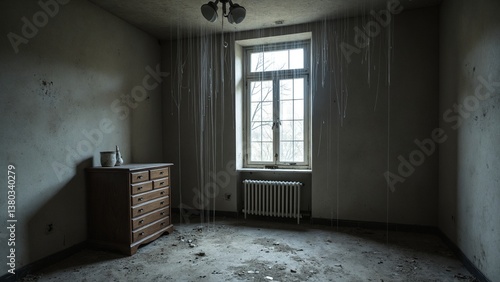Abandoned Room with Cobwebs and Dim Light Creating an Eerie Atmosphere in a Neglected Interior Space