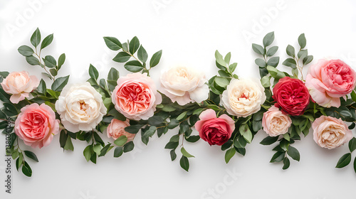 Fototapeta Naklejka Na Ścianę i Meble -  Elegant roses and peonies intertwined with subtle greenery laid out symmetrically on a white surface offering a classic and sophisticated banner aesthetic